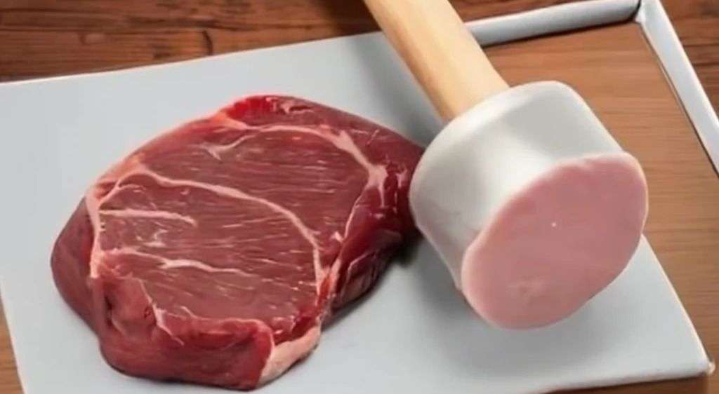 Meat Mallet and Steak on a Cutting Board