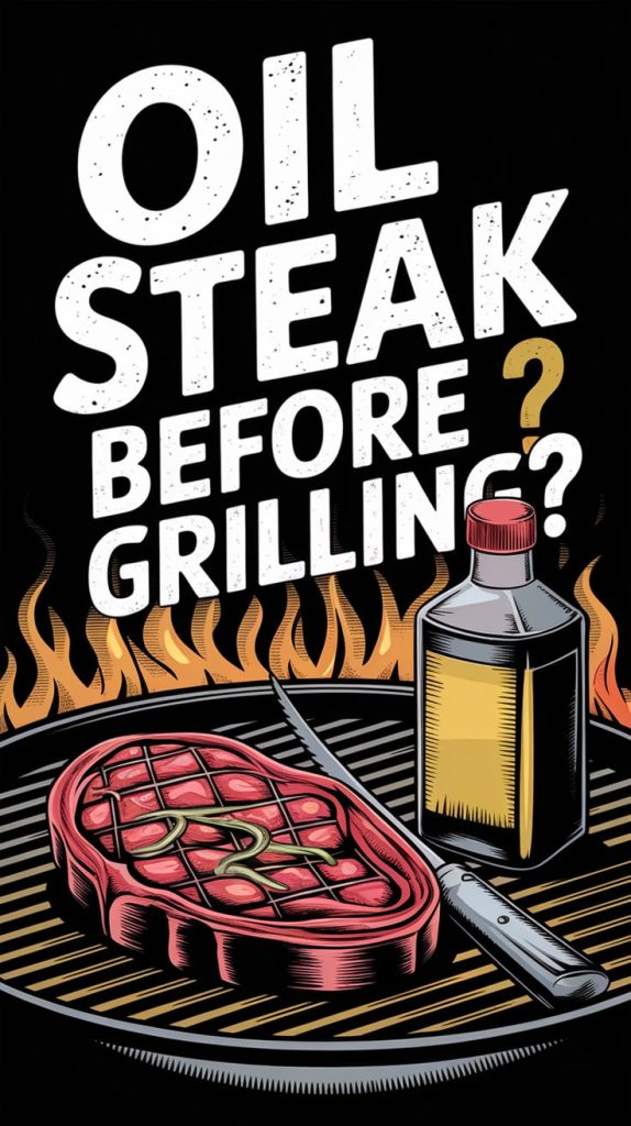 Oil Steak Before Grilling - raw meat, a knife, and oil on a BBQ